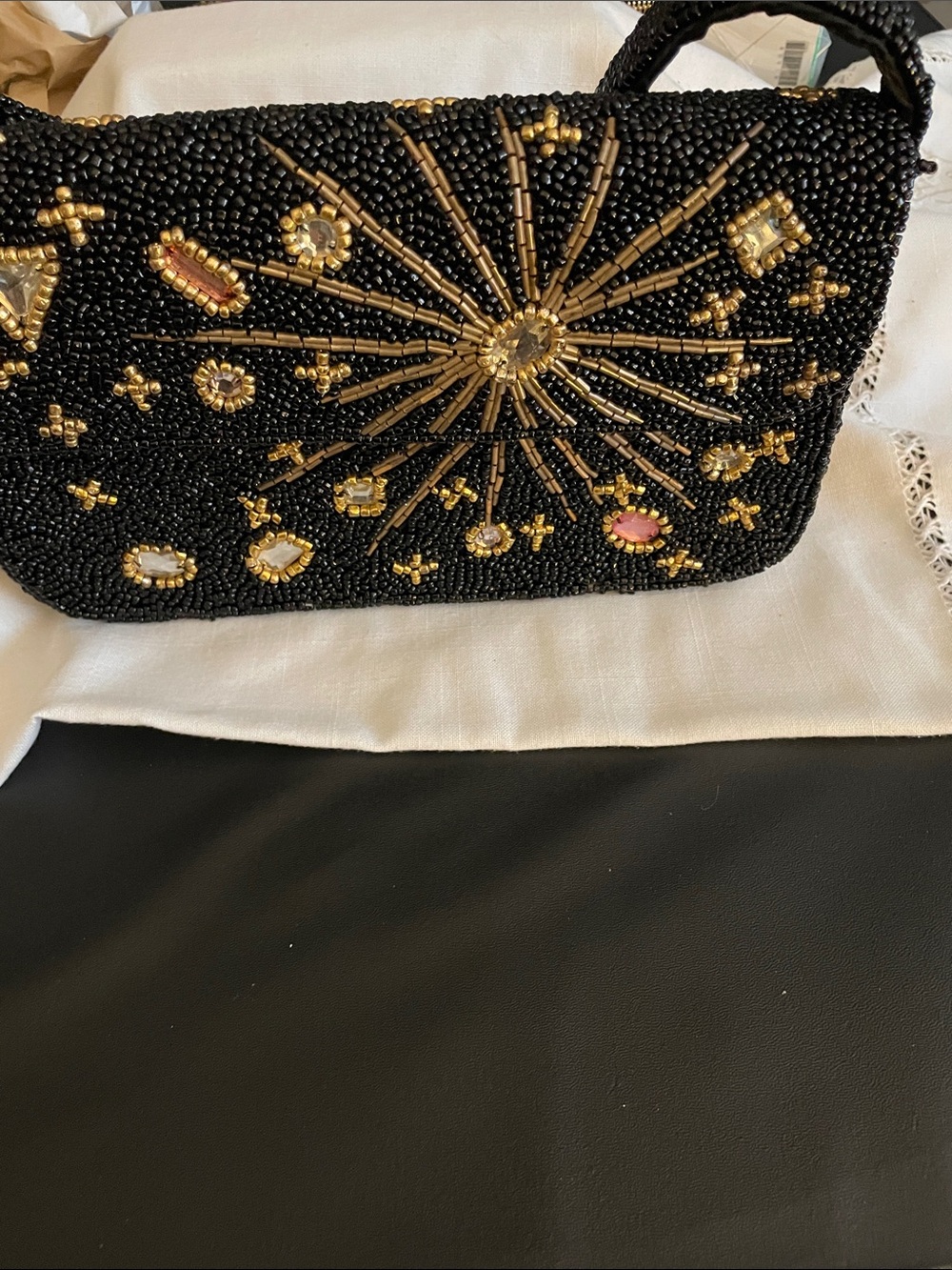Black Hand-Sewn Beading Starburst Evening Clutch - Designer Style NEW